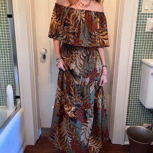 Natalie Martin Silk Jungle Print Off-Shoulder Maxi Dress, Size XS